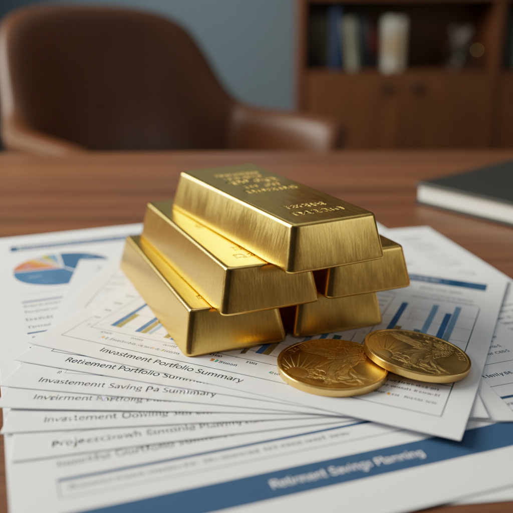 Shiny gold bullion bars stacked on top of retirement investment documents and a professional fountain pen.