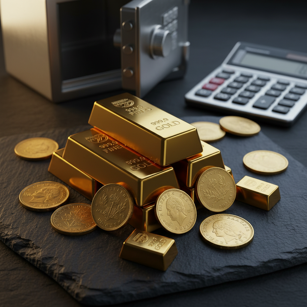 Physical gold bars and coins stacked near a calculator and secure vault, representing investment logistics and costs.