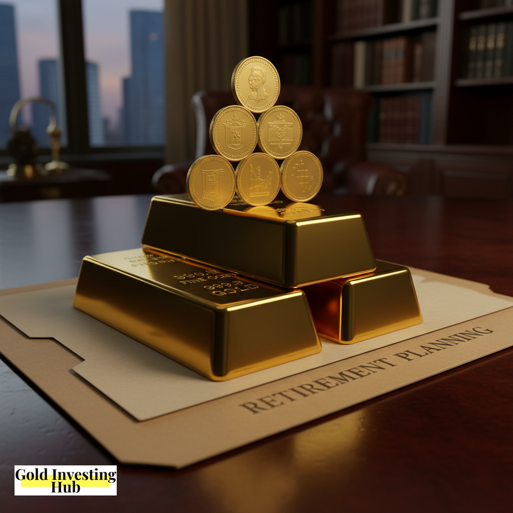 Physical gold bars and coins resting on a retirement planning document, symbolizing financial security and wealth protection.