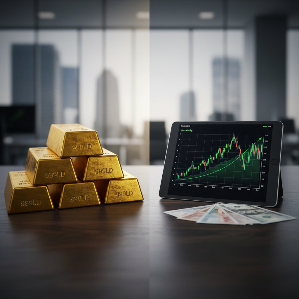 Gold bars balanced against stock market charts and paper currency on a sleek professional desk.