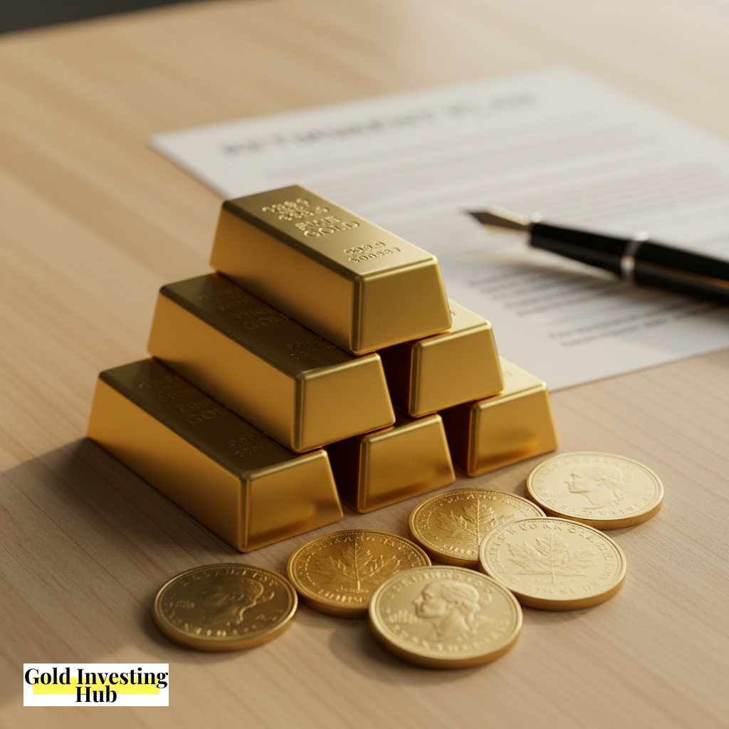 Gold coins and bullion bars stacked neatly on a financial document, illustrating IRS-approved gold IRA investments.